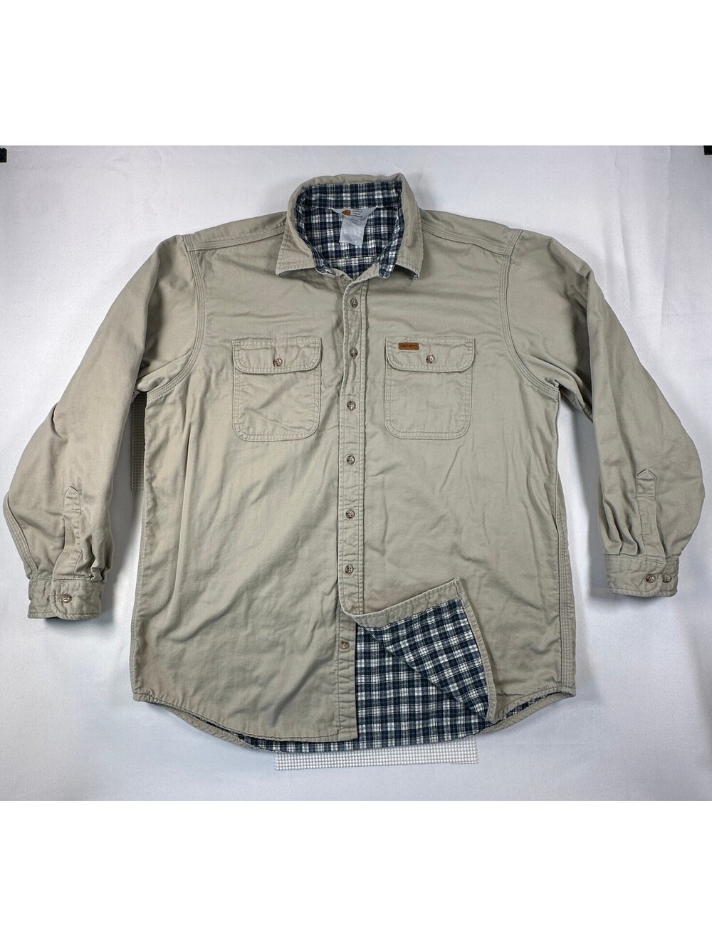 Vtg Carhartt Flannel Lined Canvas Shirt Jacket Tan Beige Plaid Shacket Men XL